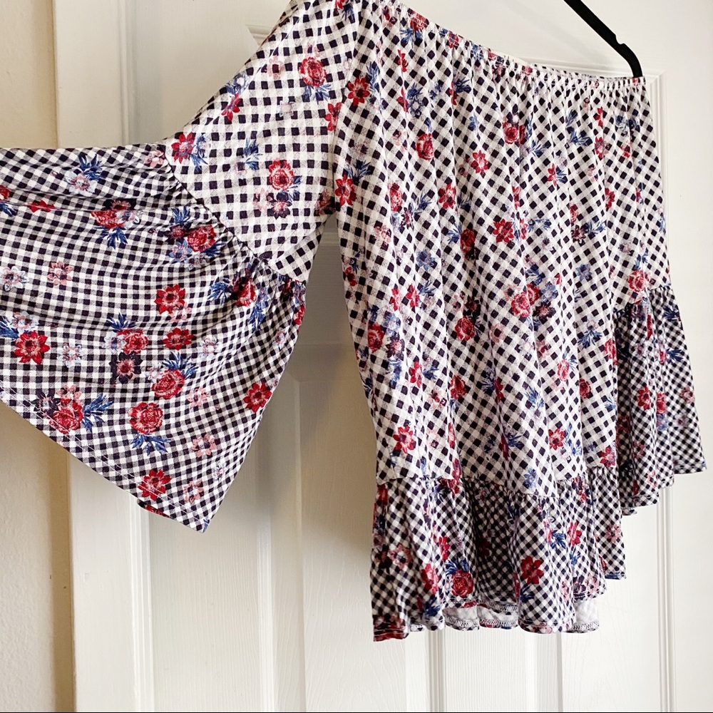Style & Co Gingham Floral Off Shoulder Top Medium - Picture 3 of 7